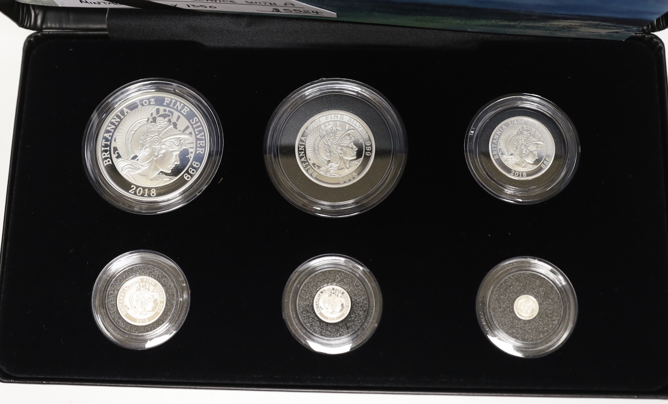 A scarce Royal Mint UK QEII Britannia 2018 six coin silver proof set, 5p to 1oz. £2, cased